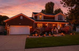 Two-story brick-front residence with a two-car garage and a concrete driveway