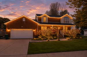 Brick-front traditional home featuring an attached two-car garage, a covered front porch with white railings, and a concrete driveway