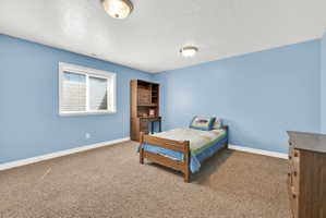 Carpeted room with a single window featuring horizontal blinds