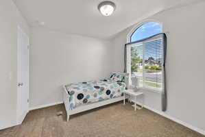 Bedroom with a large arched window featuring blinds and sheer drapery, plush carpet flooring, a white paneled door, and a flush mount ceiling light fixture