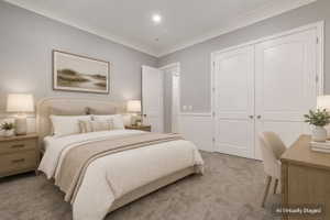 Bedroom featuring wainscoting, crown molding, and recessed lighting