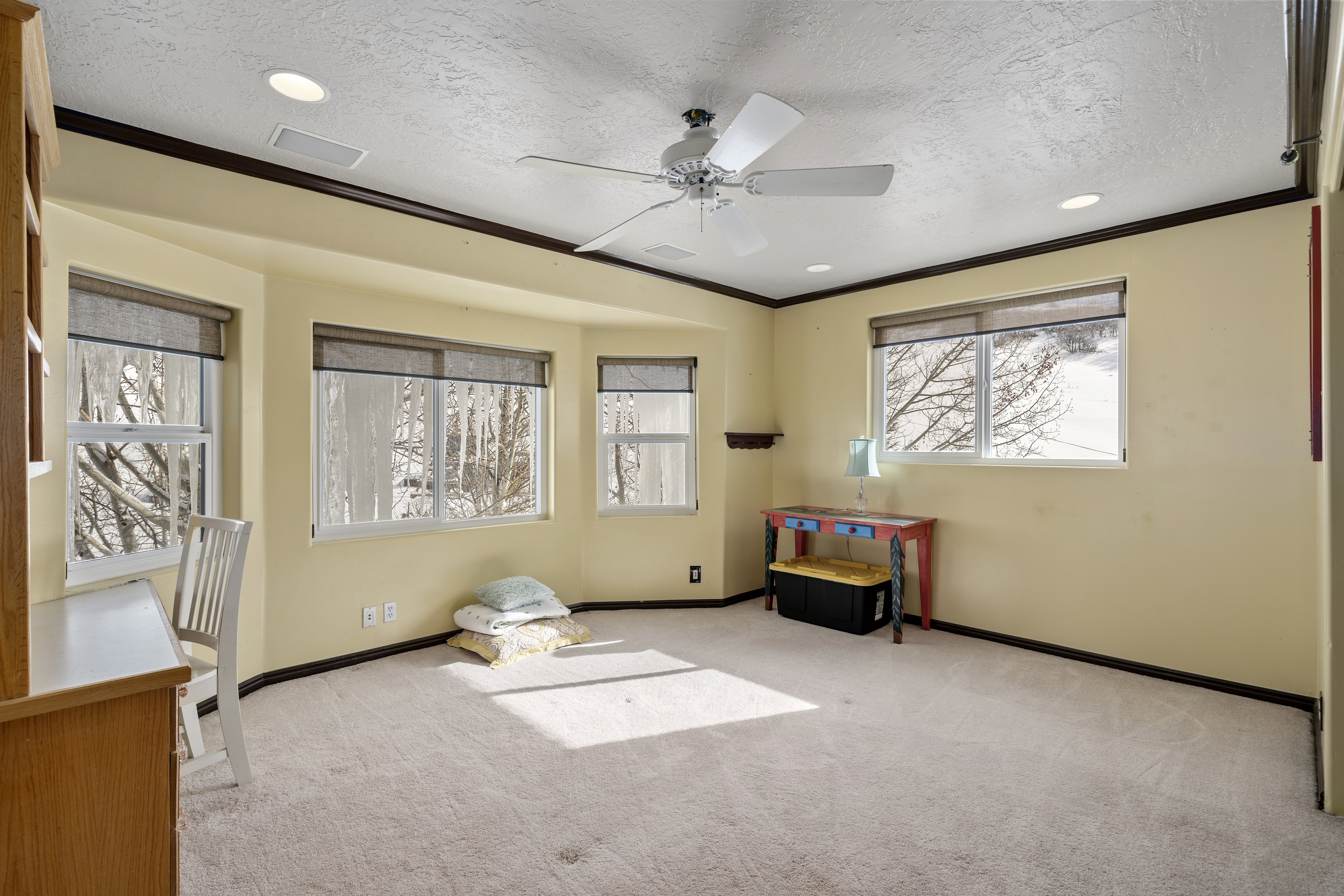 Bright room featuring multiple windows, recessed lighting, a ceiling fan, and carpeted flooring