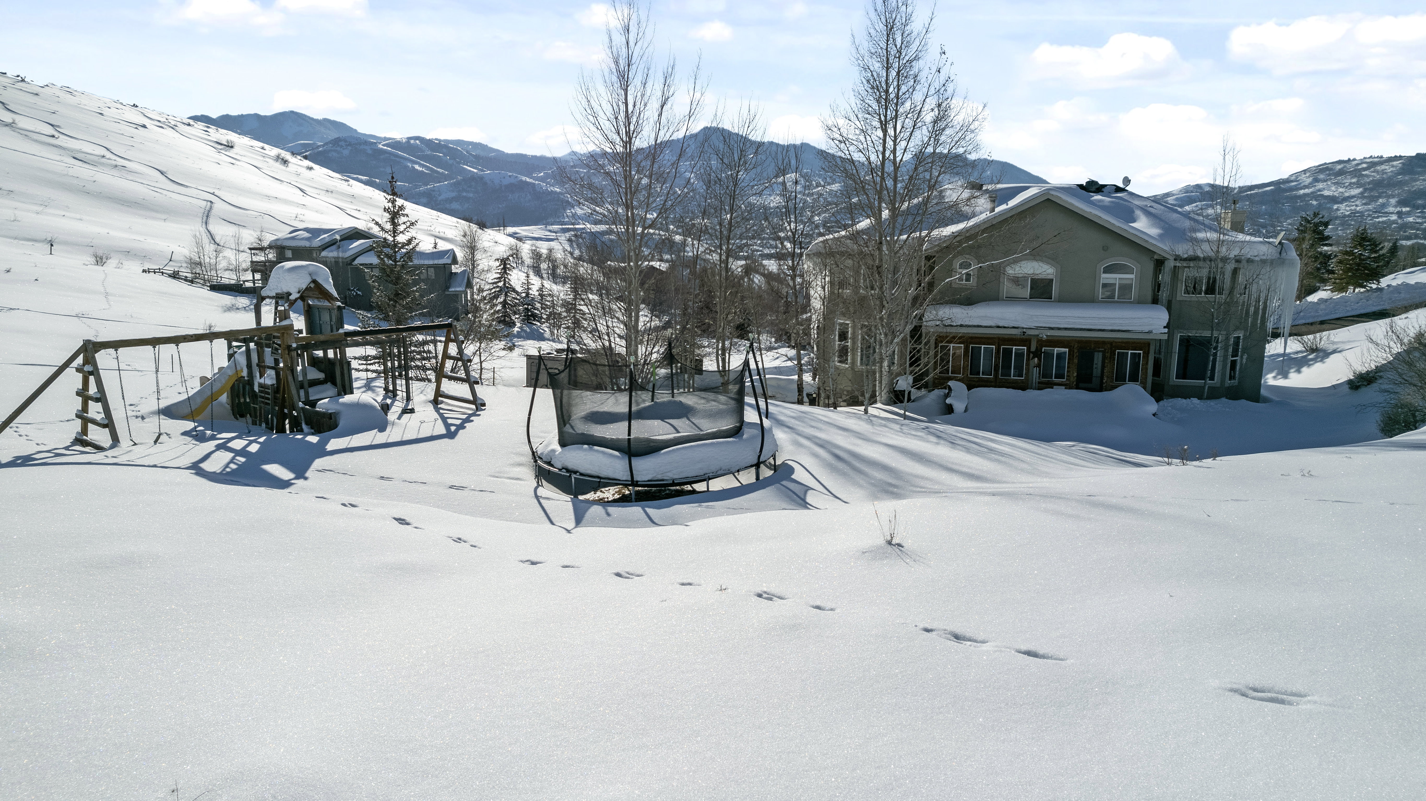 Expansive rear yard featuring snow-covered terrain and distant mountains
