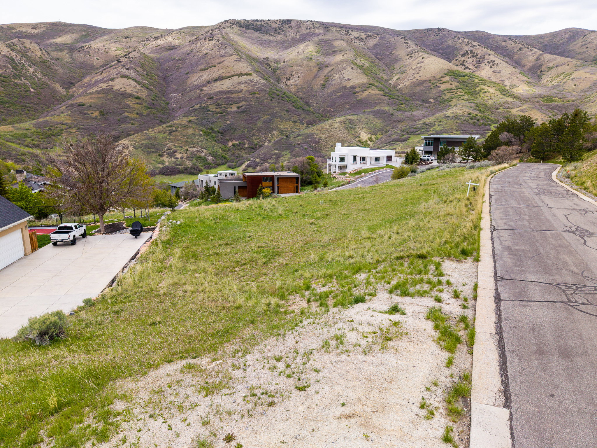 Grassy hillside lot featuring a paved road frontage and distant mountain backdrop