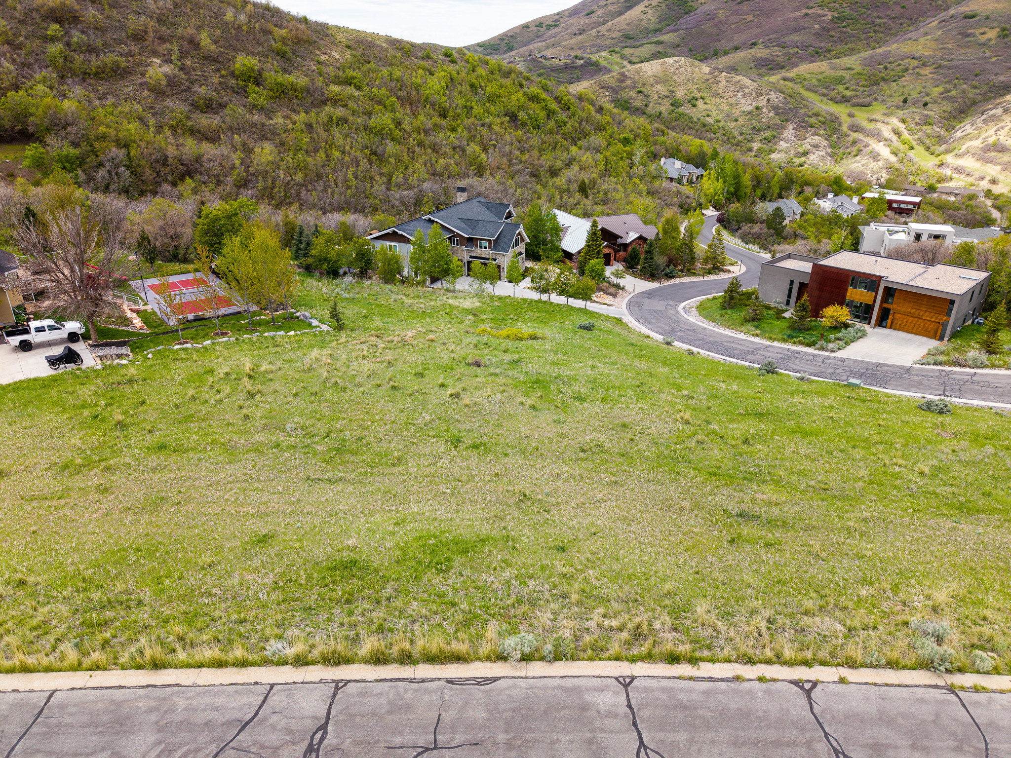 Expansive graded lot featuring a verdant grass covering, paved street frontage, and surrounding mature foliage