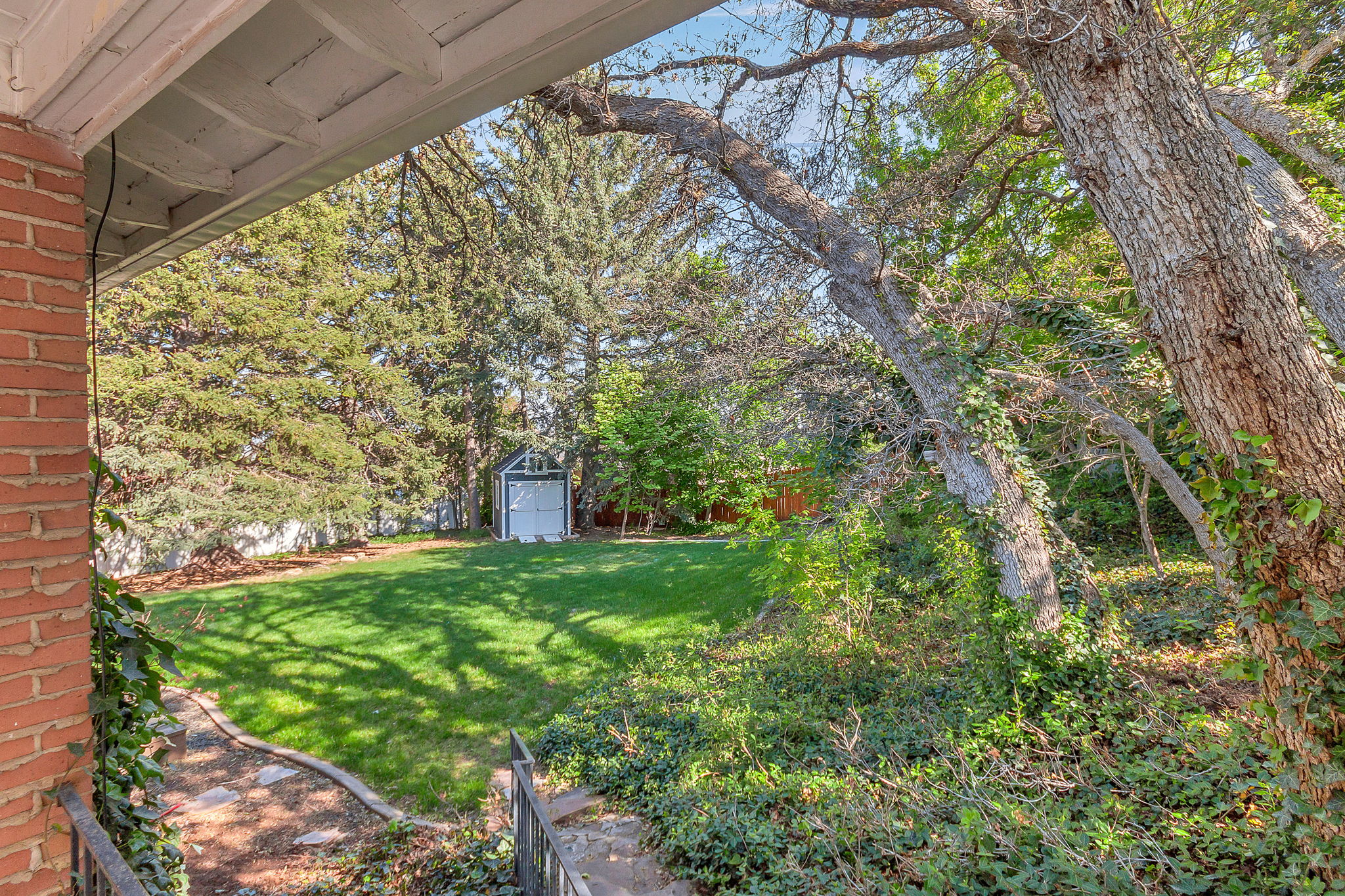 Expansive backyard featuring a green lawn, mature trees, and a storage shed