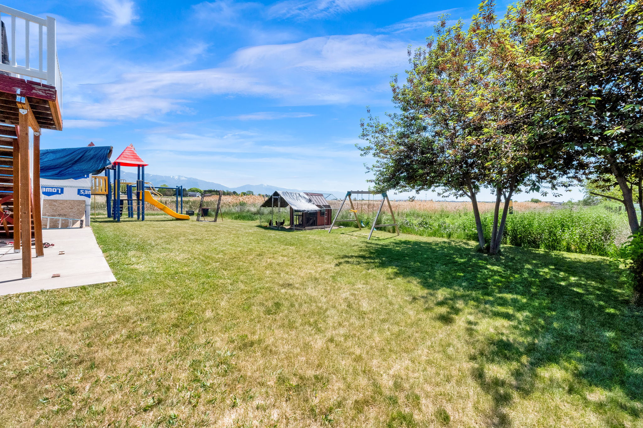 Spacious backyard featuring an expansive lawn area and mature trees