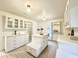 Spacious custom closet featuring a central storage island with drawers, extensive built-in cabinetry with frosted glass doors, open shelving, and a dedicated hanging rod area