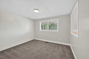 Neutral-toned room featuring a prominent shiplap accent wall, grey carpeting, and a built-in display nook