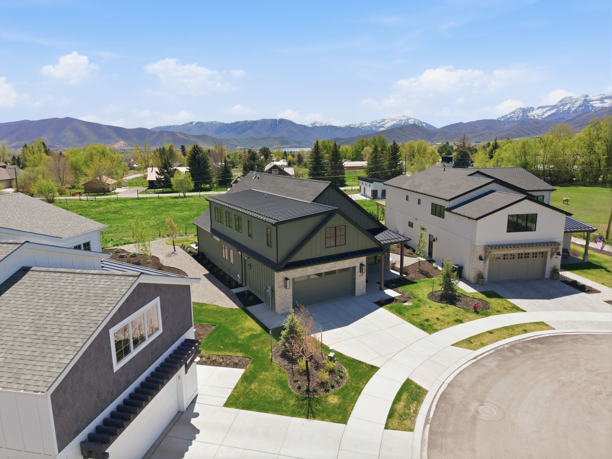 Modern residence featuring a green vertical siding and stone facade
