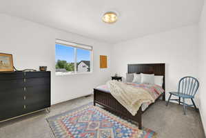 Carpeted room featuring a double-pane window, flush-mount ceiling light, and white walls