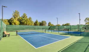Multiple outdoor courts featuring a blue and green playing surface, perimeter fencing, and overhead lighting