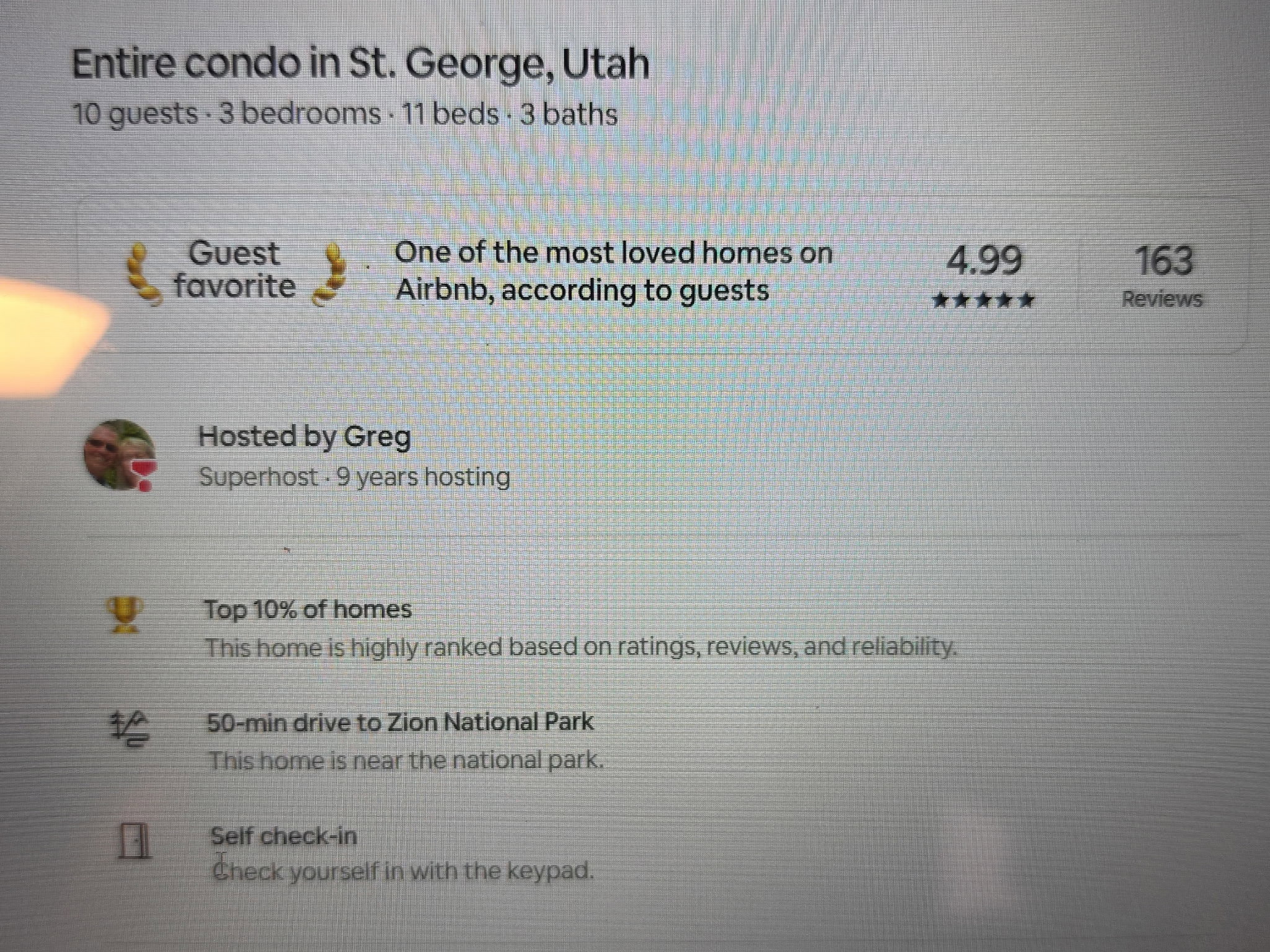 Property Listing Advertisement. Displaying property specifications, guest ratings, and amenities for the property