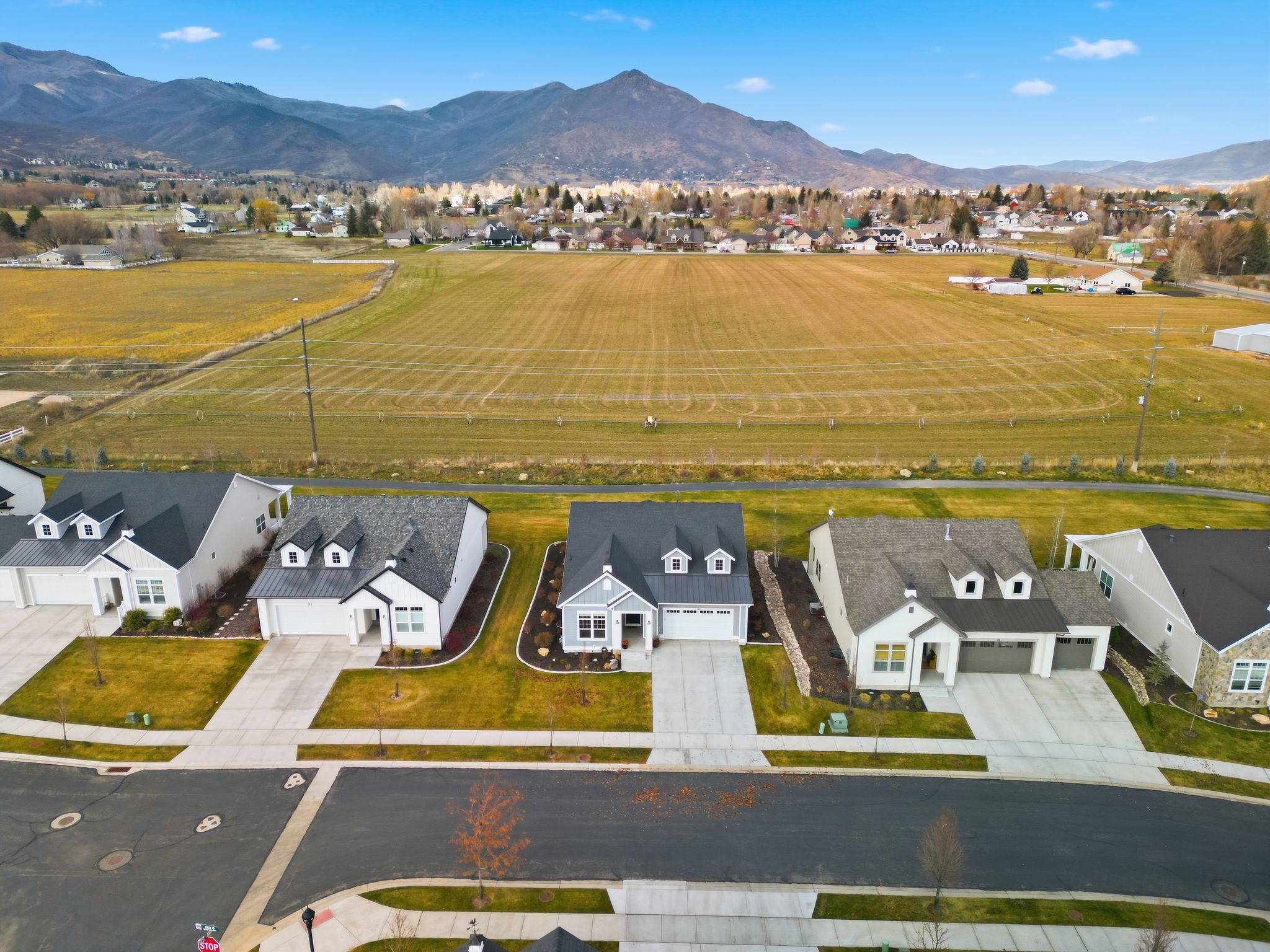 Modern residential development featuring single-family homes with mountain backdrops