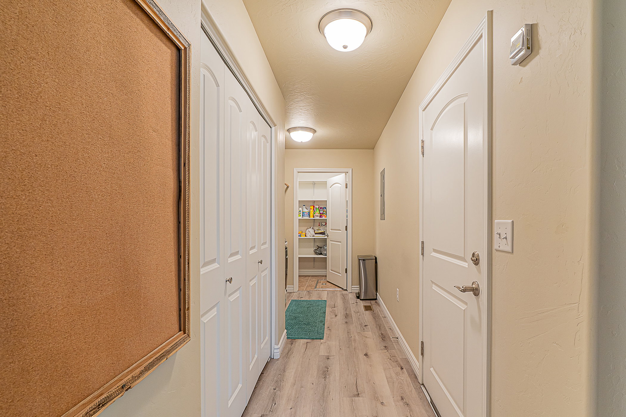 Hallway with wood-finish flooring, overhead flush mount lighting, and neutral wall paint