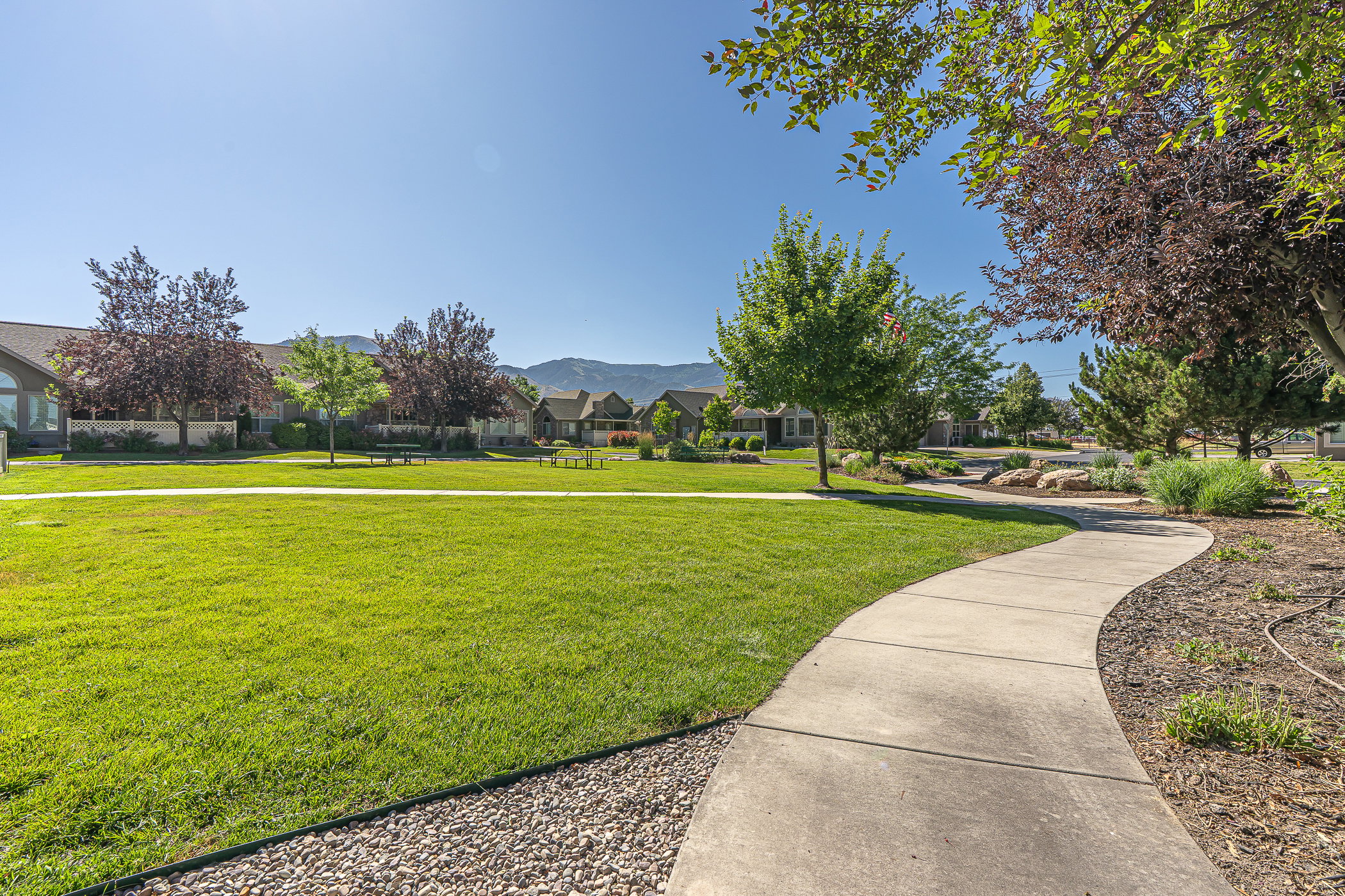 Curved concrete pathway bordering a lush green lawn