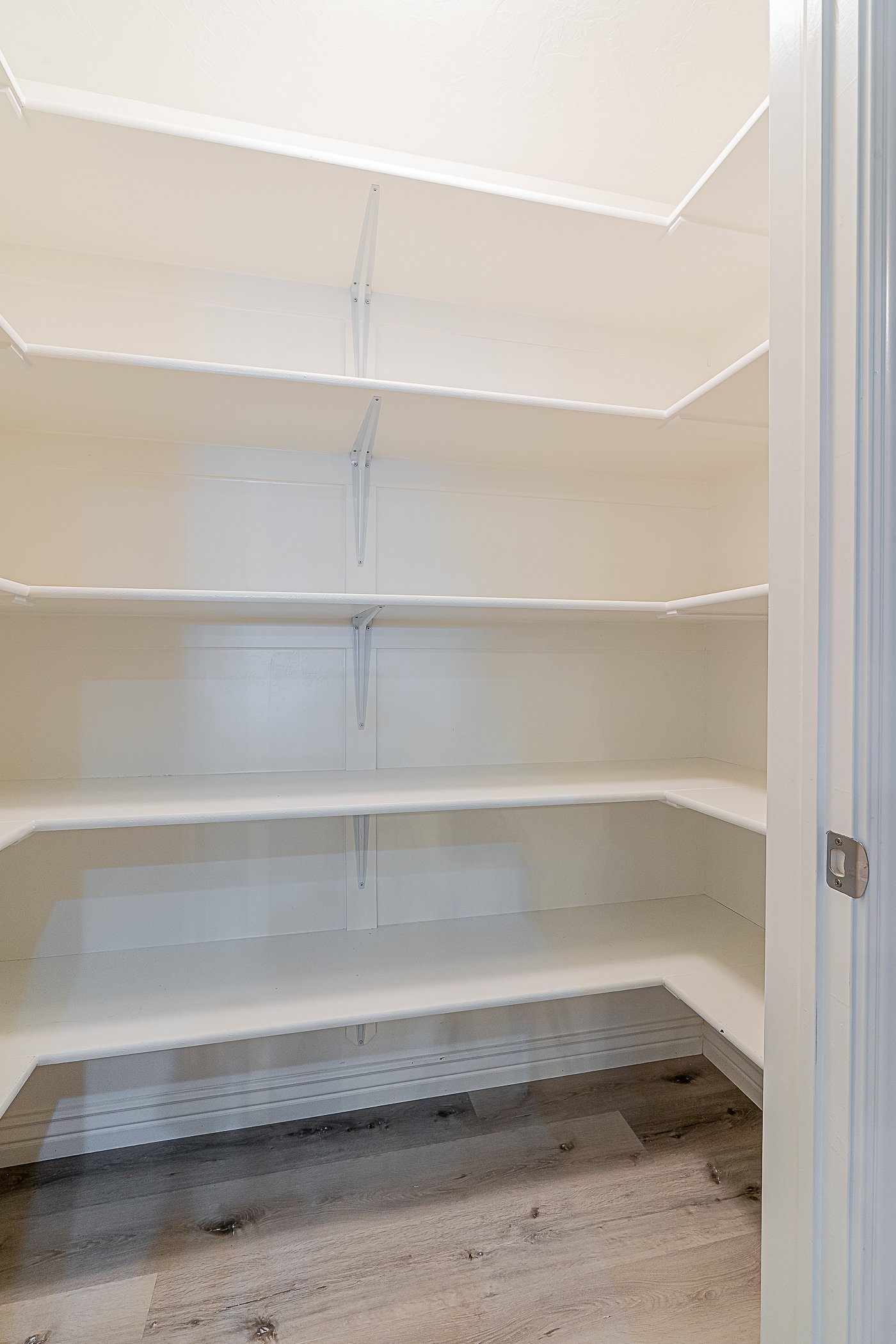Walk-in pantry with light wood-finish flooring