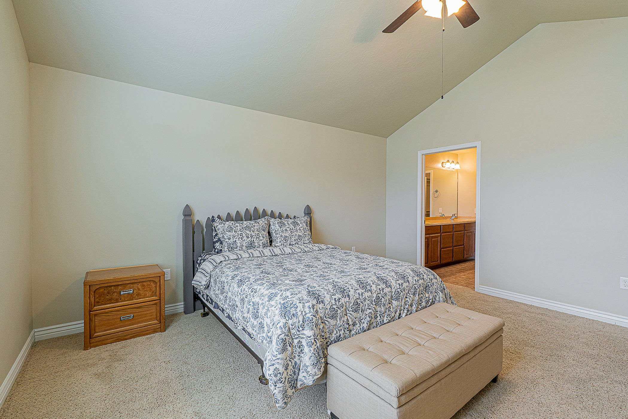 Carpeted bedroom with a vaulted ceiling and a ceiling fan