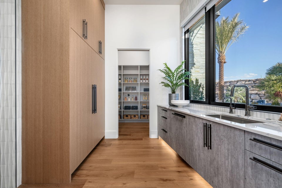 Modern kitchen featuring wood-finish flooring, full-height custom cabinetry, a built-in double sink, a large window, and a walk-in pantry with extensive shelving