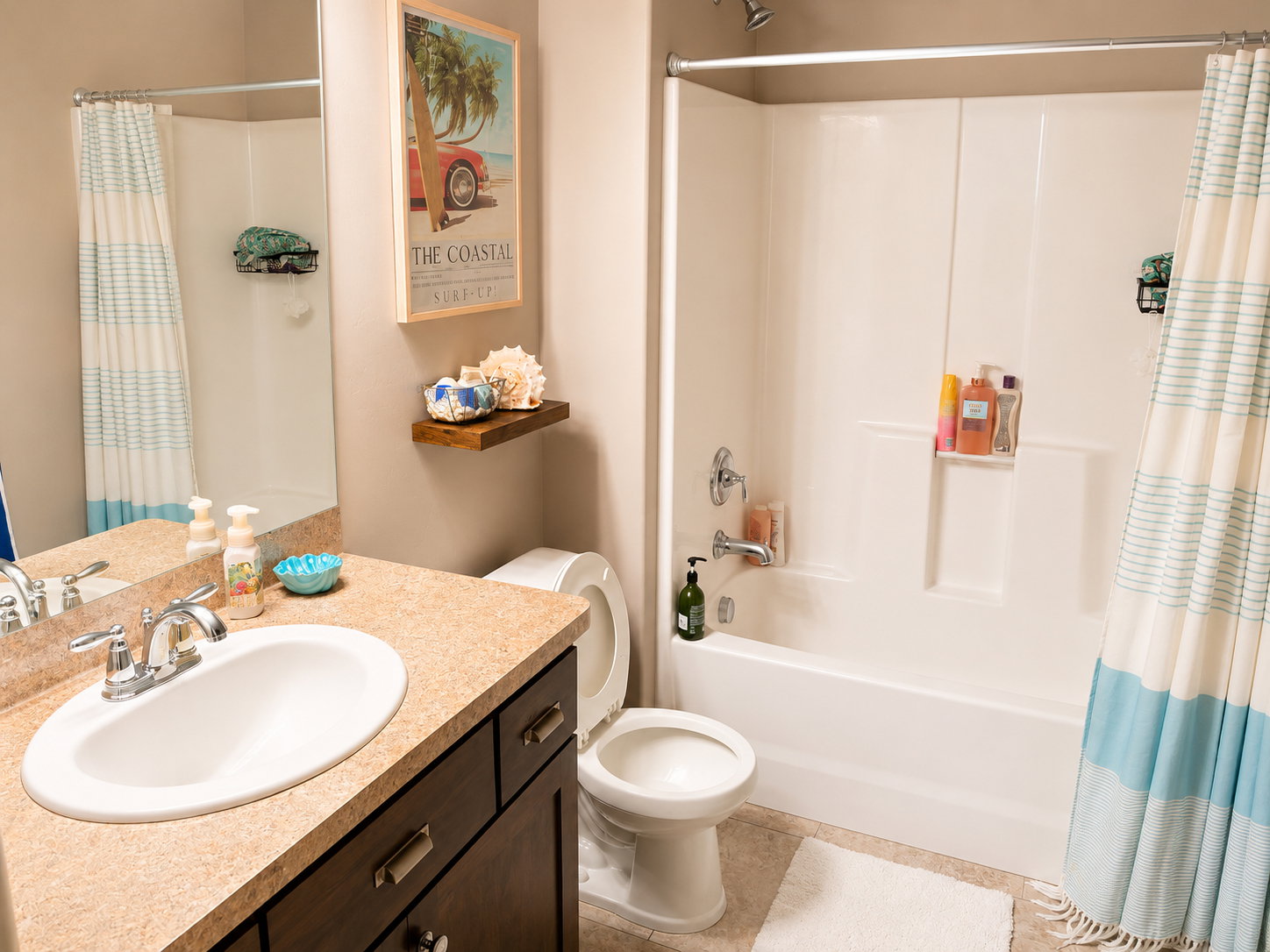 Bathroom featuring a built-in tub and shower combination with a chrome shower head and faucet