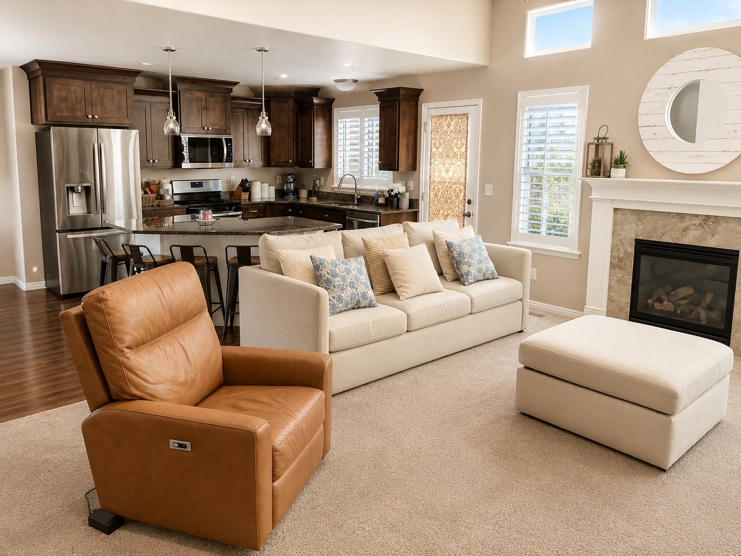 Open-concept living space featuring a gas fireplace with a stone surround, a kitchen with dark wood cabinetry, a stainless steel refrigerator, and pendant lighting