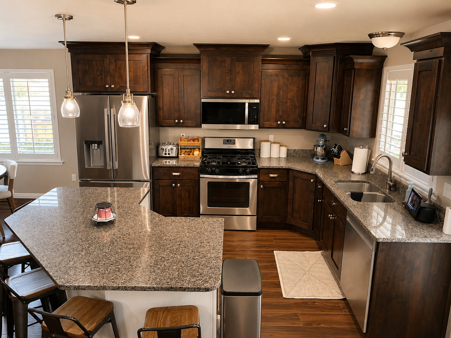 Gourmet kitchen featuring rich wood cabinetry, stainless steel appliances, granite countertops, a large island with seating, and wood-finish flooring