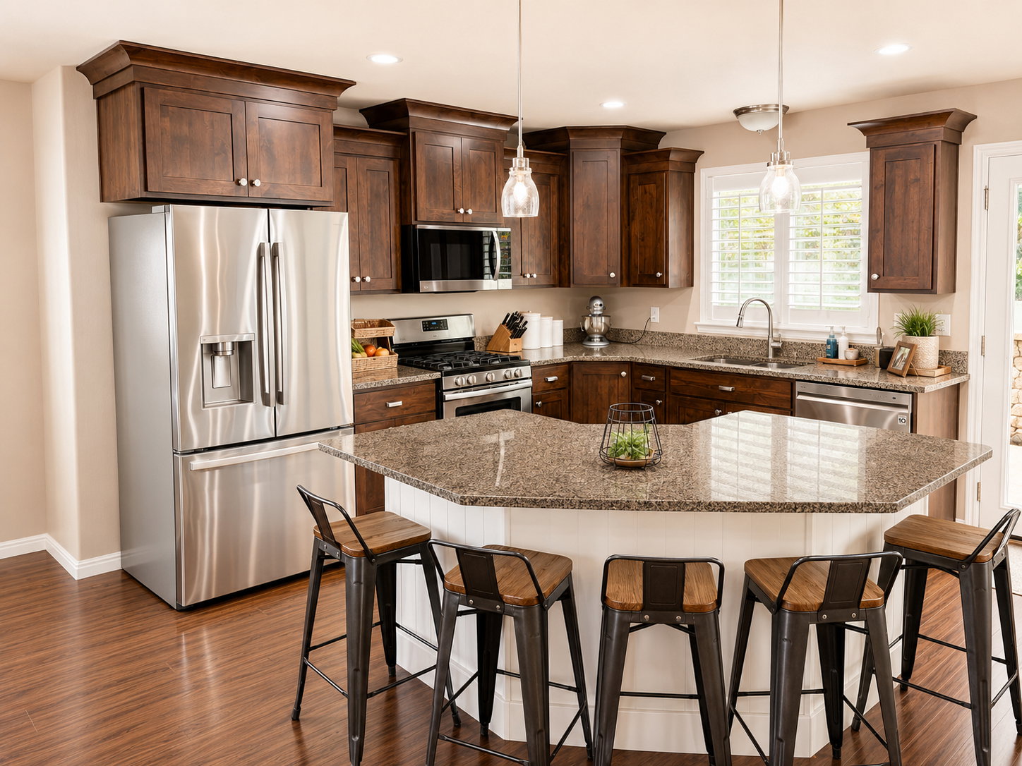 Kitchen featuring wood-finish flooring, dark wood cabinetry, stainless steel appliances, granite countertops, and a central island with seating