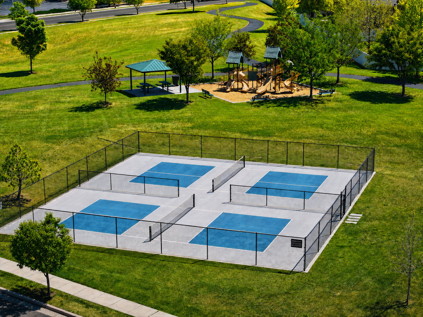 Four pickleball courts with black fencing, surrounded by manicured green space