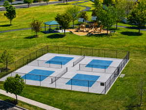Four pickleball courts with black fencing, surrounded by manicured green space