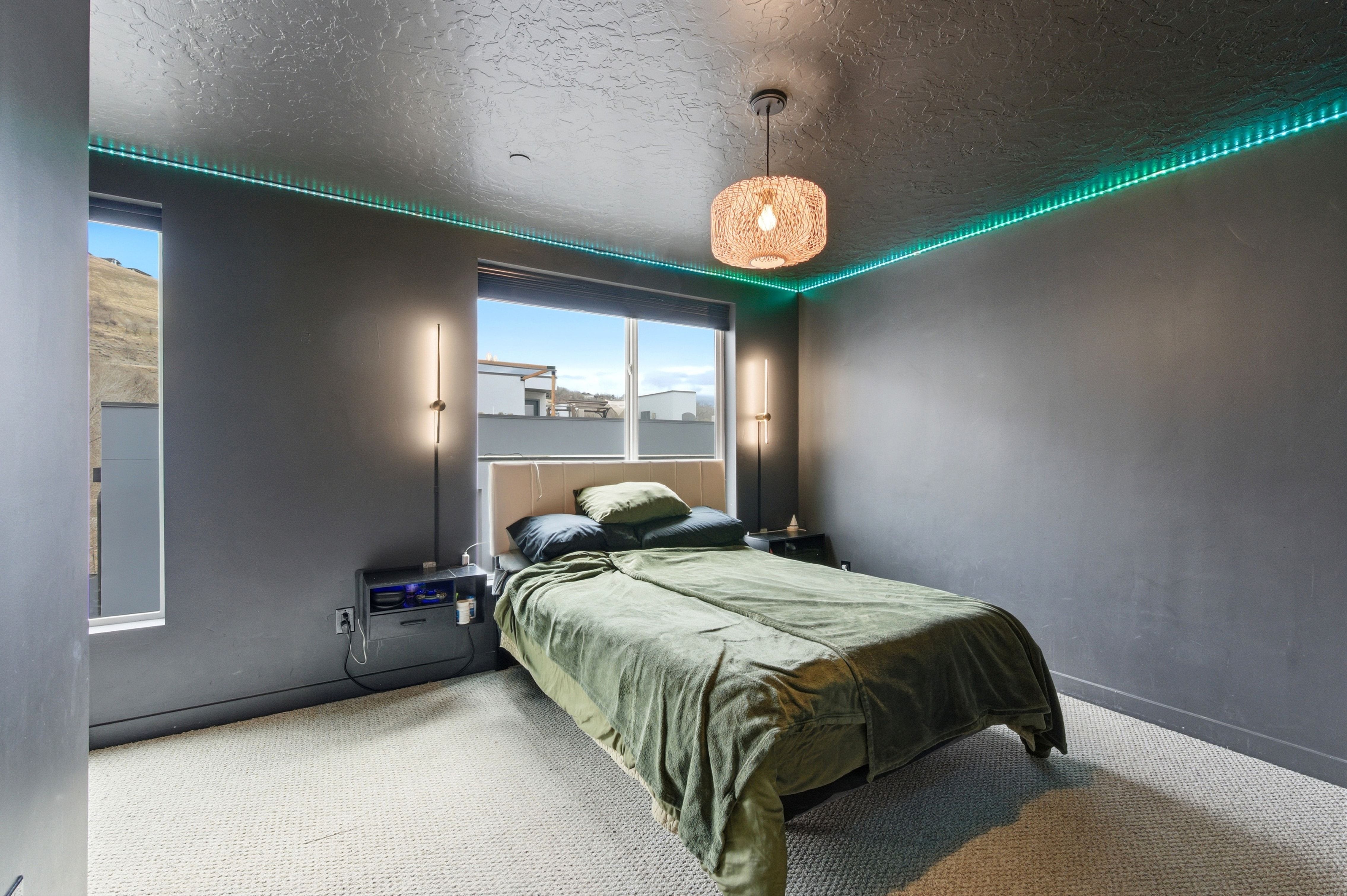 Room featuring multiple windows, dark gray walls, and light-colored carpet