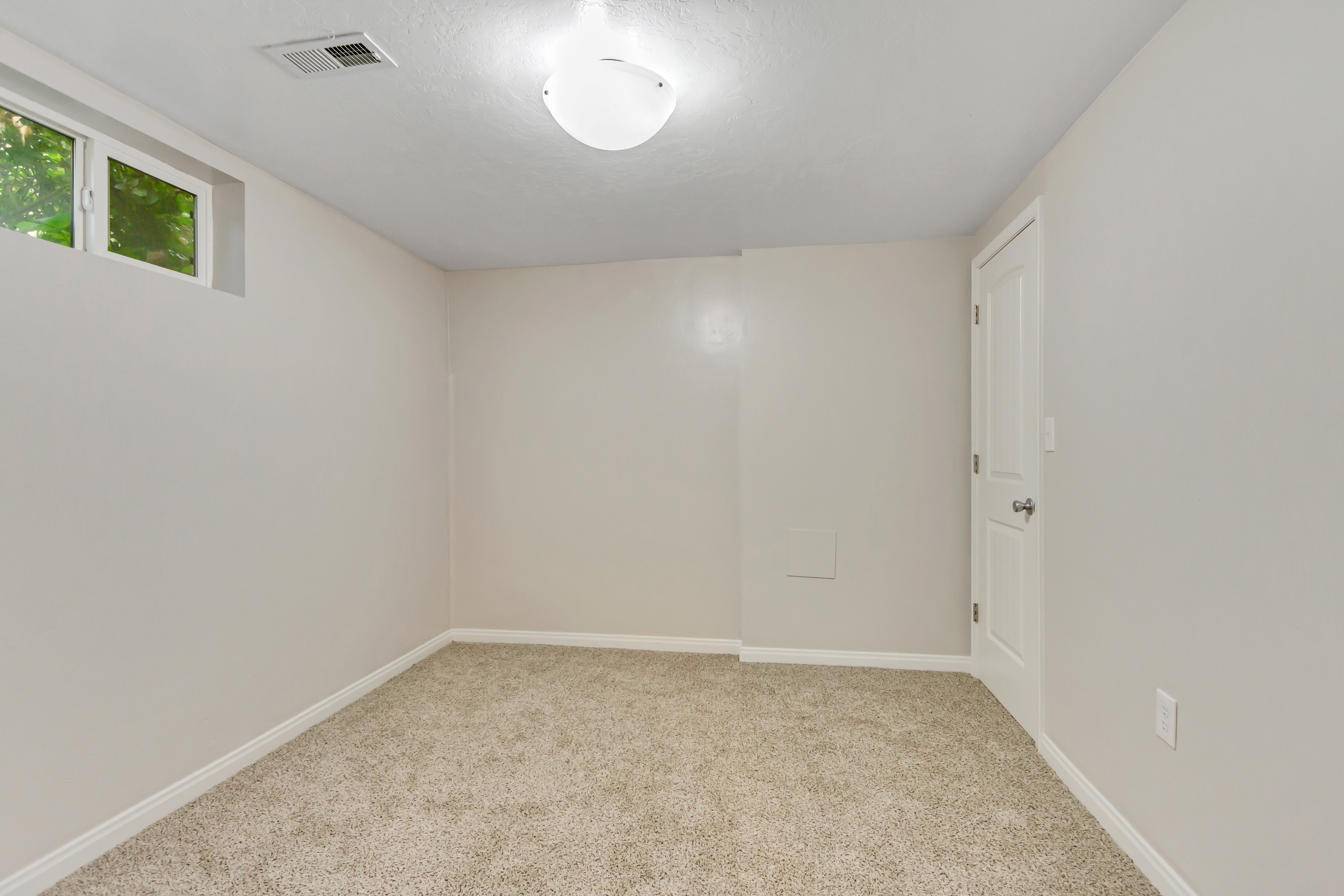 Neutral-toned room featuring light-colored carpet, a ceiling-mounted light fixture, white trim, and a white interior door