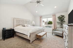 Vaulted ceilings with a ceiling fan and recessed lighting