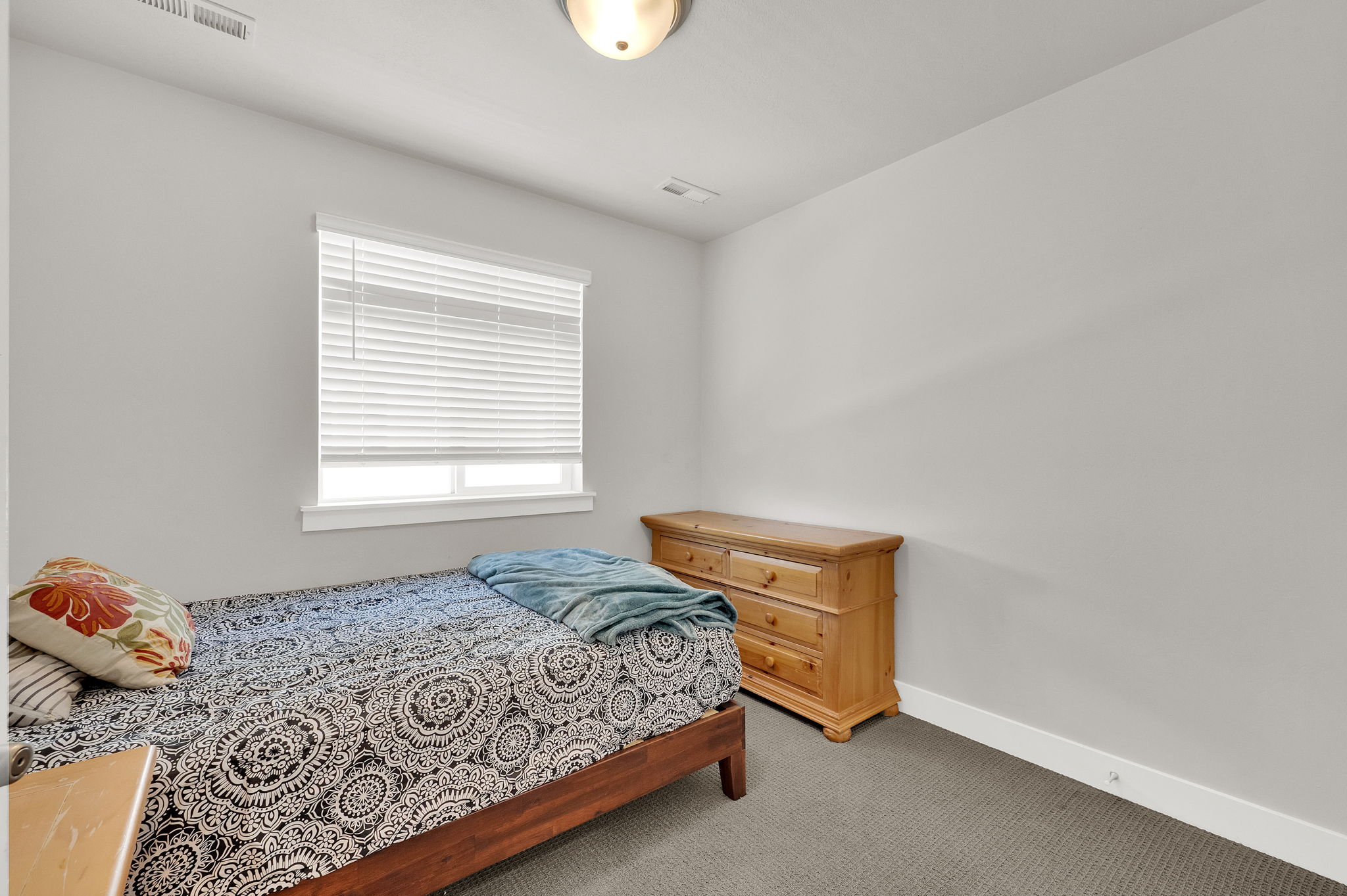 Carpeted room featuring a single window with blinds, white trim, and light-colored walls