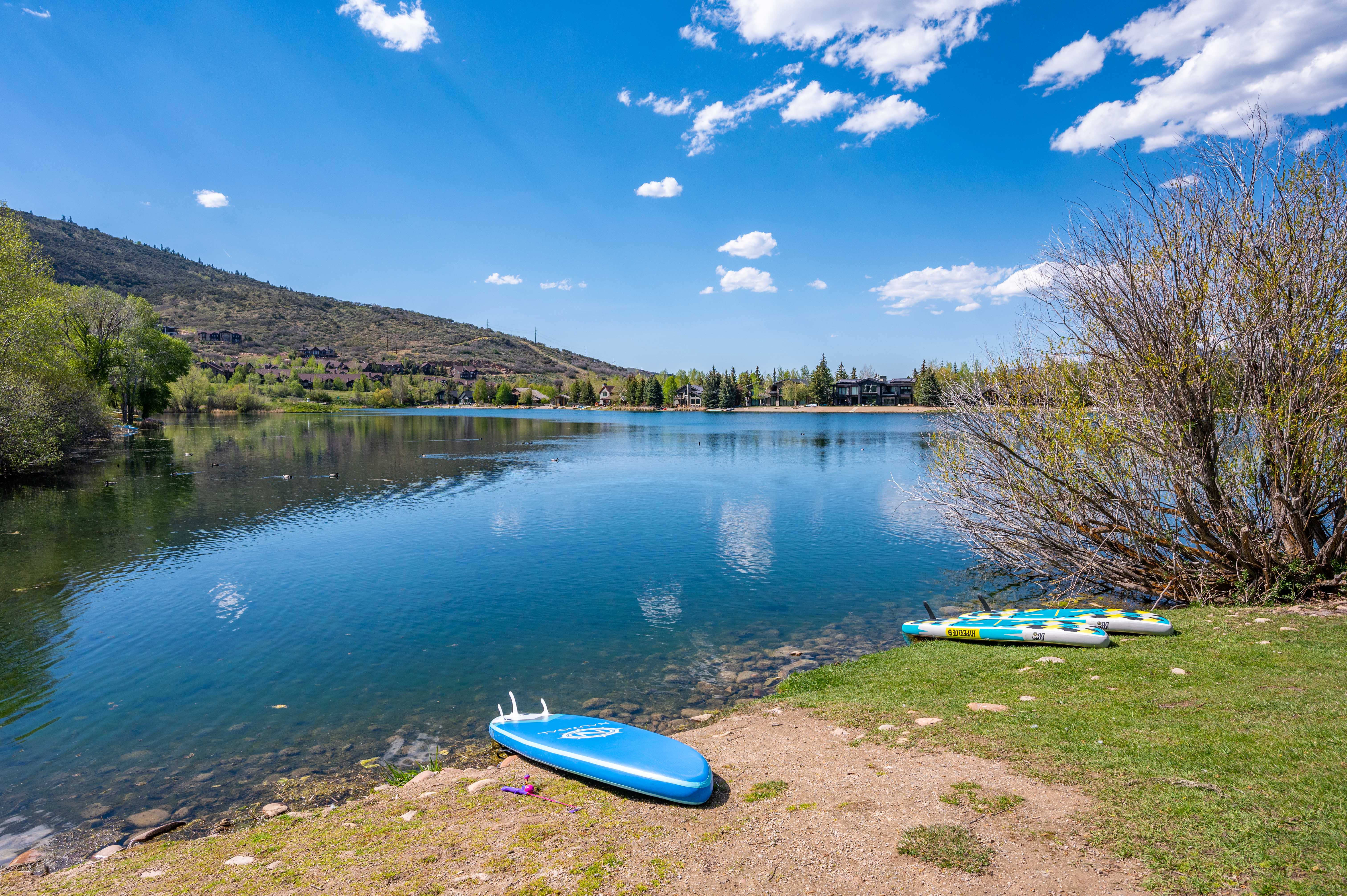 Expansive waterfront property featuring a clear lake, natural shoreline, and distant hillside