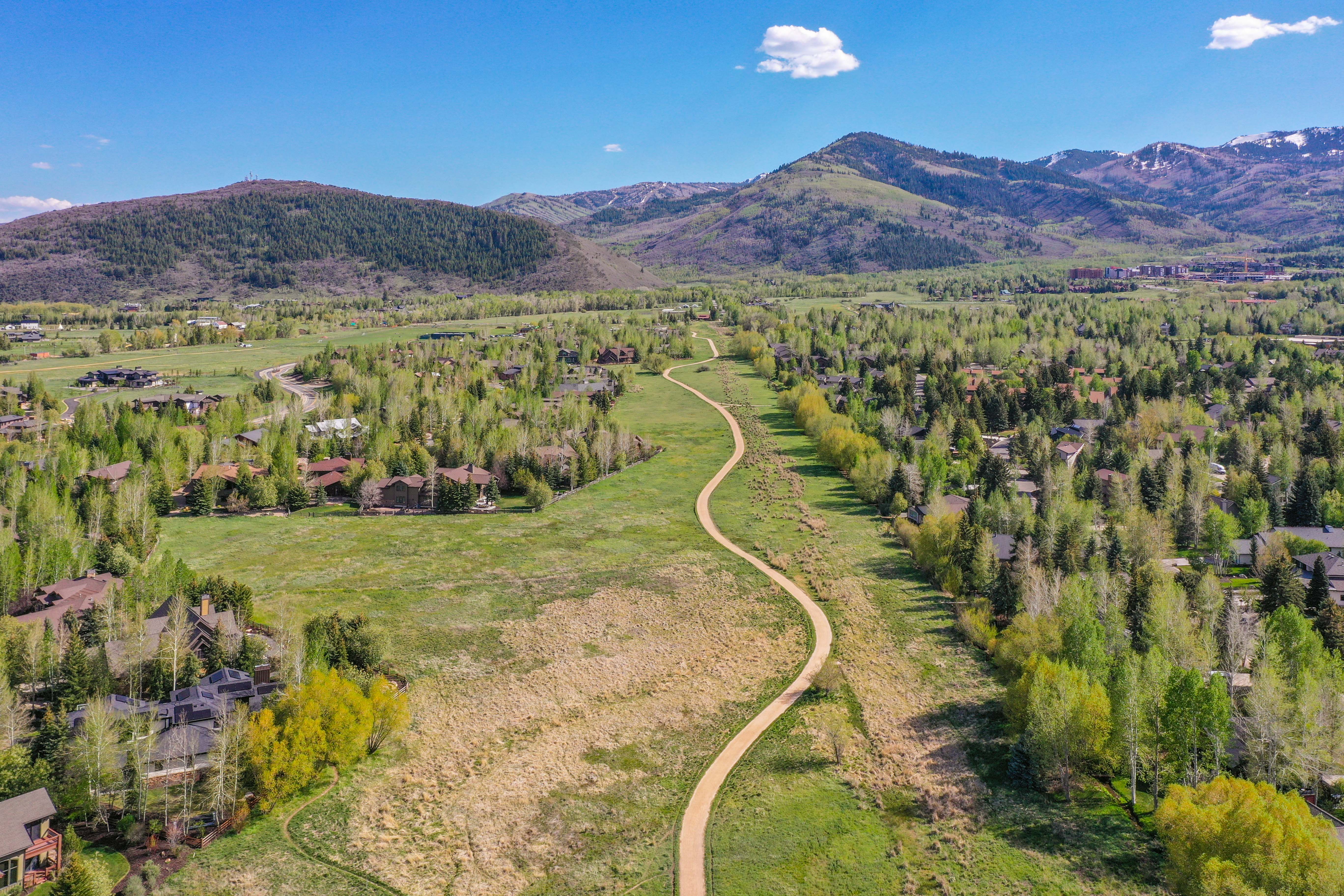 Winding pathway through a green landscape with scattered residential properties