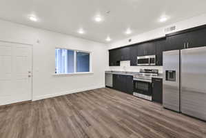 Open-concept kitchen and living area featuring wood-finish flooring, dark wood cabinetry, stainless steel appliances, and recessed lighting