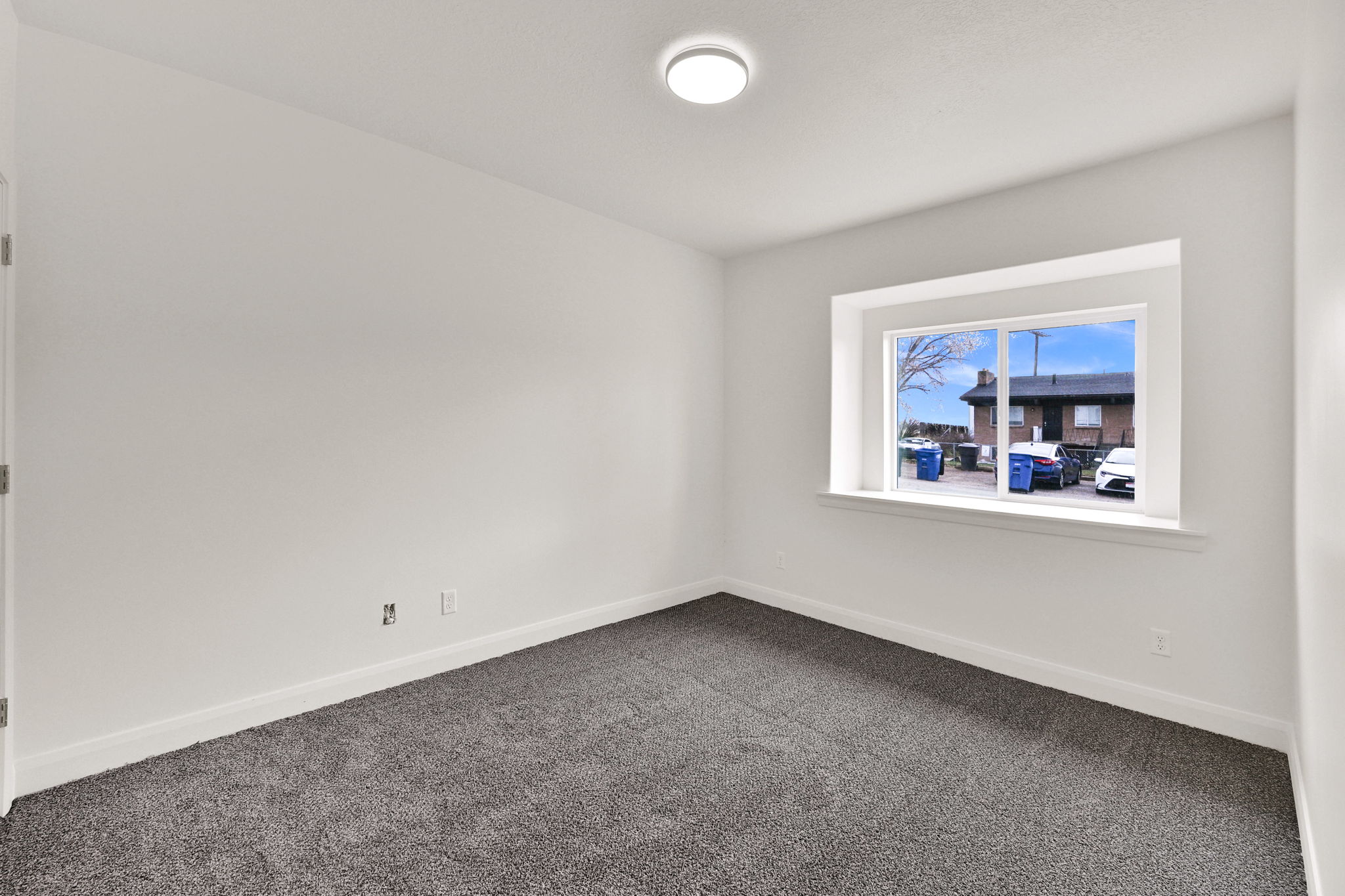 Neutral white wall finishes, crisp white trim, and dark gray carpeting