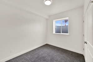 Room featuring neutral wall paint, gray carpet flooring, a single window, and a flush mount ceiling light