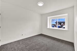 Neutral white wall finishes, crisp white trim, and dark gray carpeting