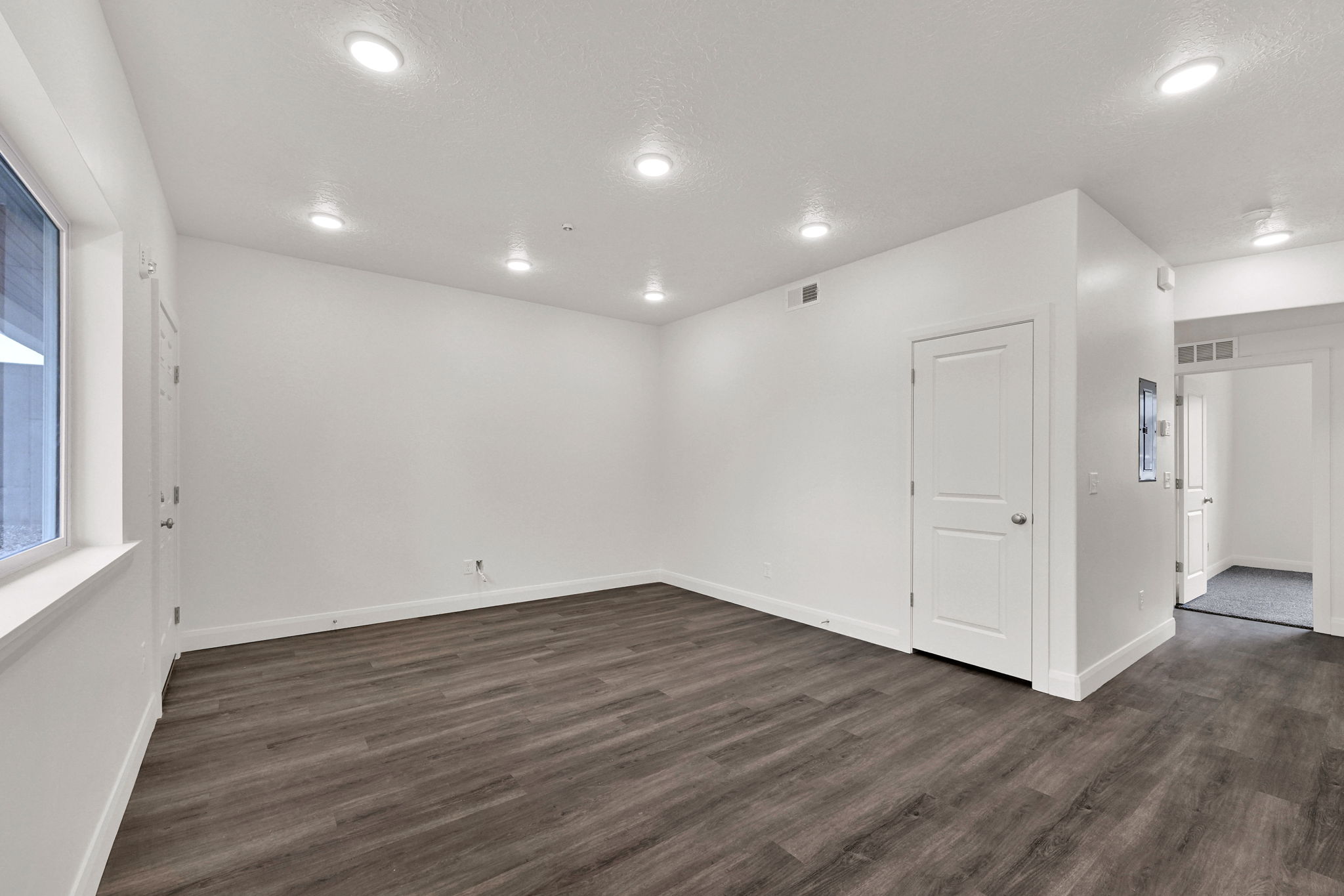 Spacious room featuring wood-finish flooring, recessed lighting, white trim, a solid panel interior door, and a large window