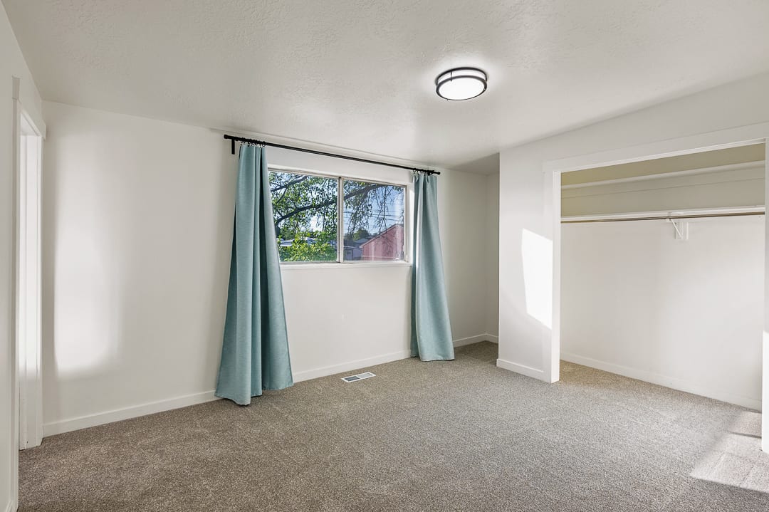 Bright interior room featuring a window with natural light, light gray carpeting, white walls, and a recessed closet with shelving and hanging rod
