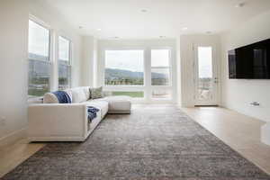 Bright living area featuring expansive windows, light wood-finish flooring, recessed lighting, and a glass-paneled door