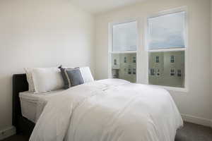 Bedroom featuring two large windows with white frames, light-colored walls, and dark carpeting