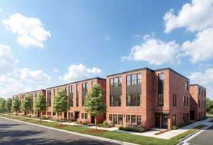 Modern brick townhomes featuring multiple levels, expansive window arrays, and uniform architectural design