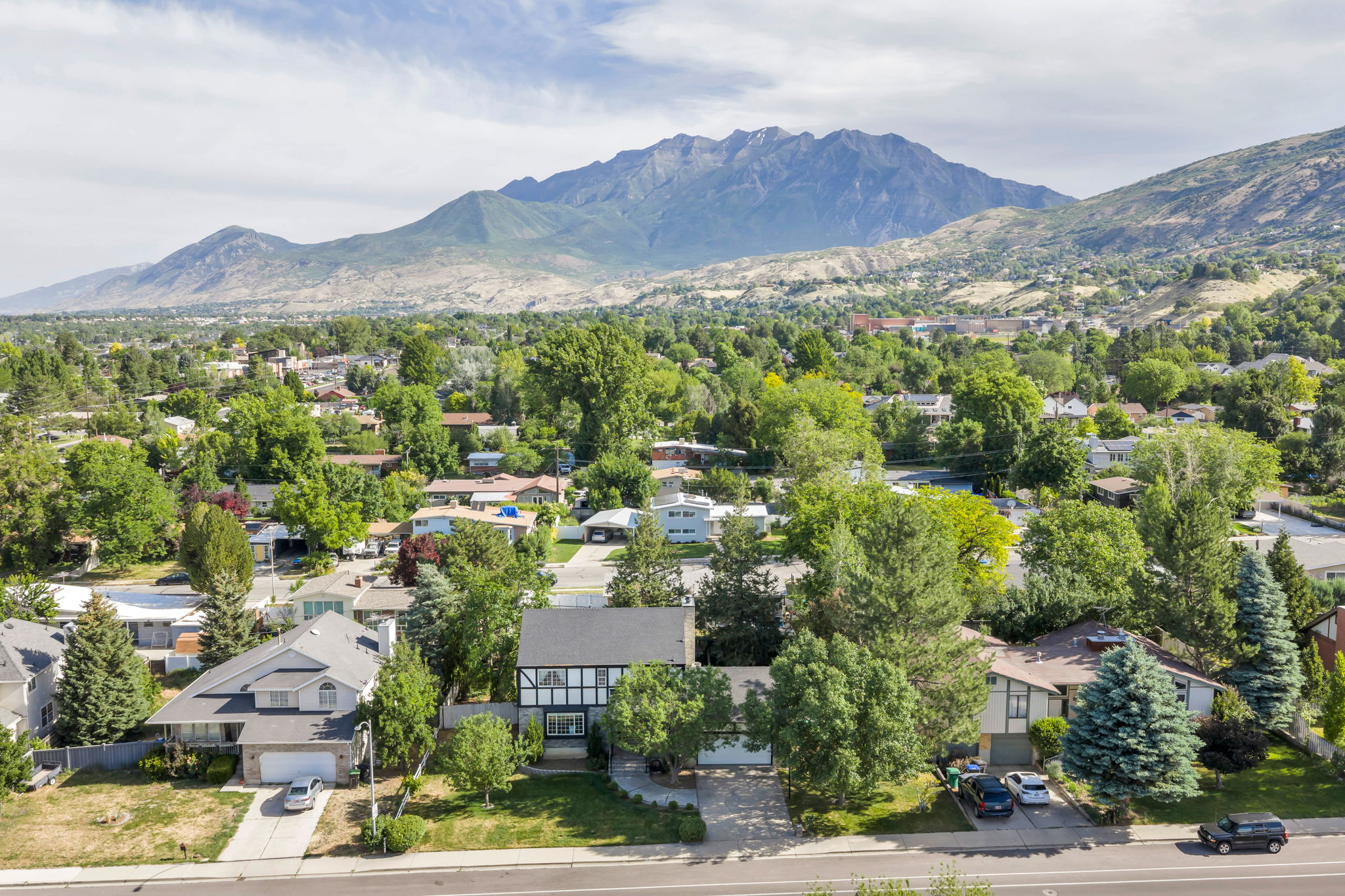 Aerial overview featuring a residential neighborhood with varied architectural styles and mature trees