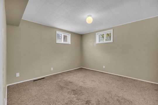Carpeted room featuring two white-framed windows, a cream-colored ceiling, and light beige walls