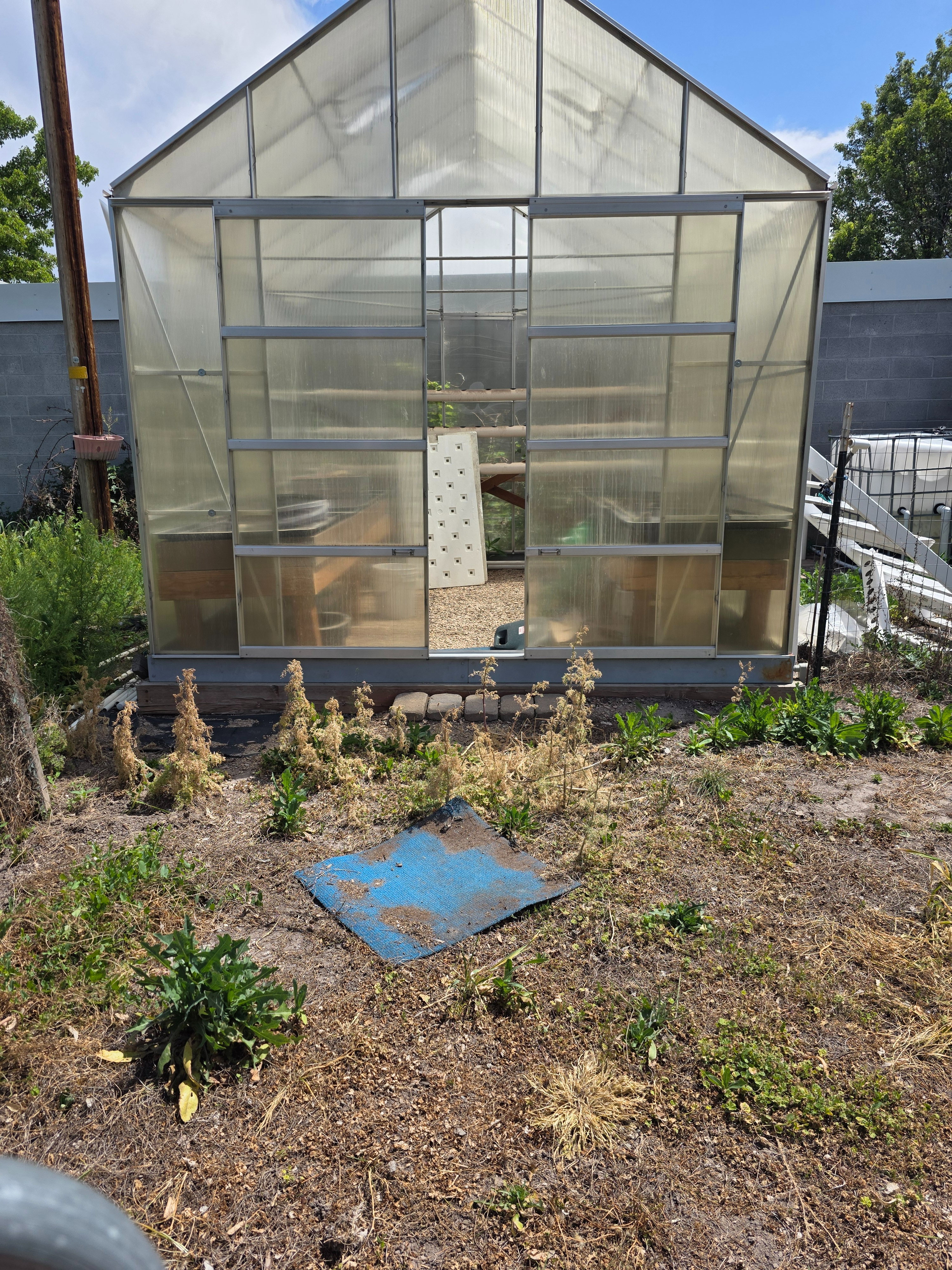 Freestanding greenhouse structure with translucent paneling and a metal frame, set on a gravel base
