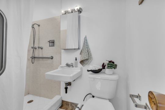 Bathroom featuring a wall-mounted sink, a built-in shower with a showerhead and grab bar, a wall-mounted medicine cabinet, and a chrome light fixture