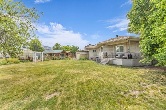 Expansive backyard featuring a large green space, a covered patio with metal railings, and a greenhouse structure