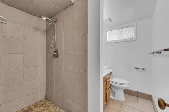 Tiled shower with handheld shower fixture and mosaic-patterned flooring